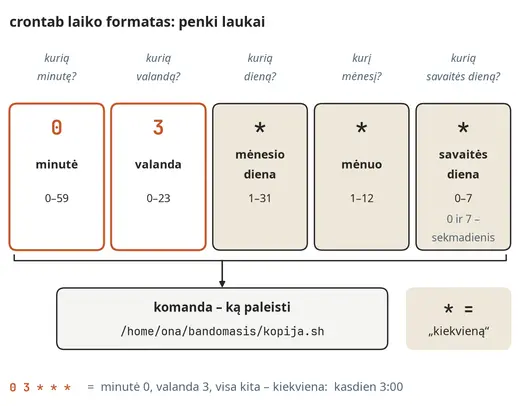 crontab laiko formatas: penki laukai